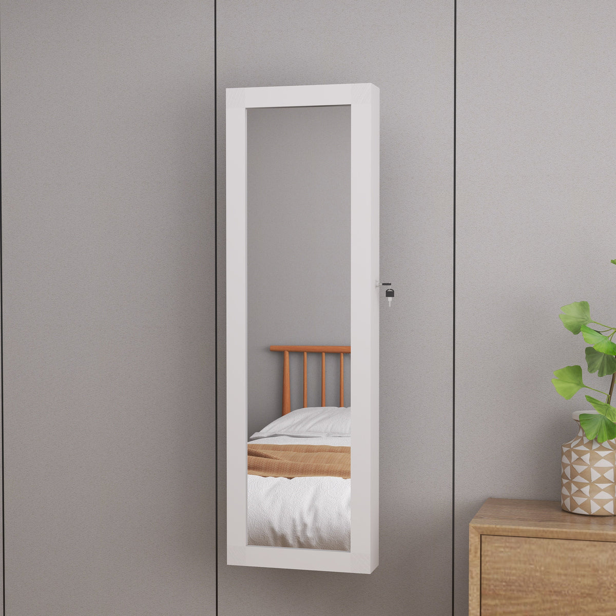 Mirror jewelry cabinet, 47.2-inch large capacity lockable jewelry organizer, wall mounted mirror, with white jewelry storage