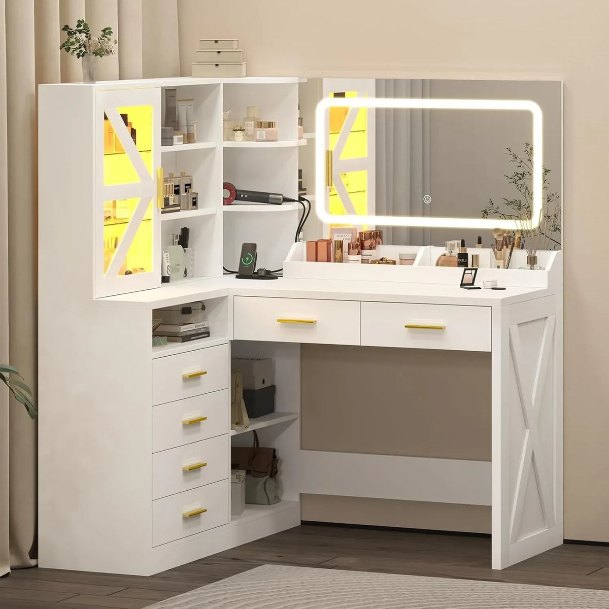 L-Shaped Corner Vanity Desk with LED Lighted Mirror & Charging Station, White Makeup Vanity with 6 Drawers & Sliding RGB Cabinet