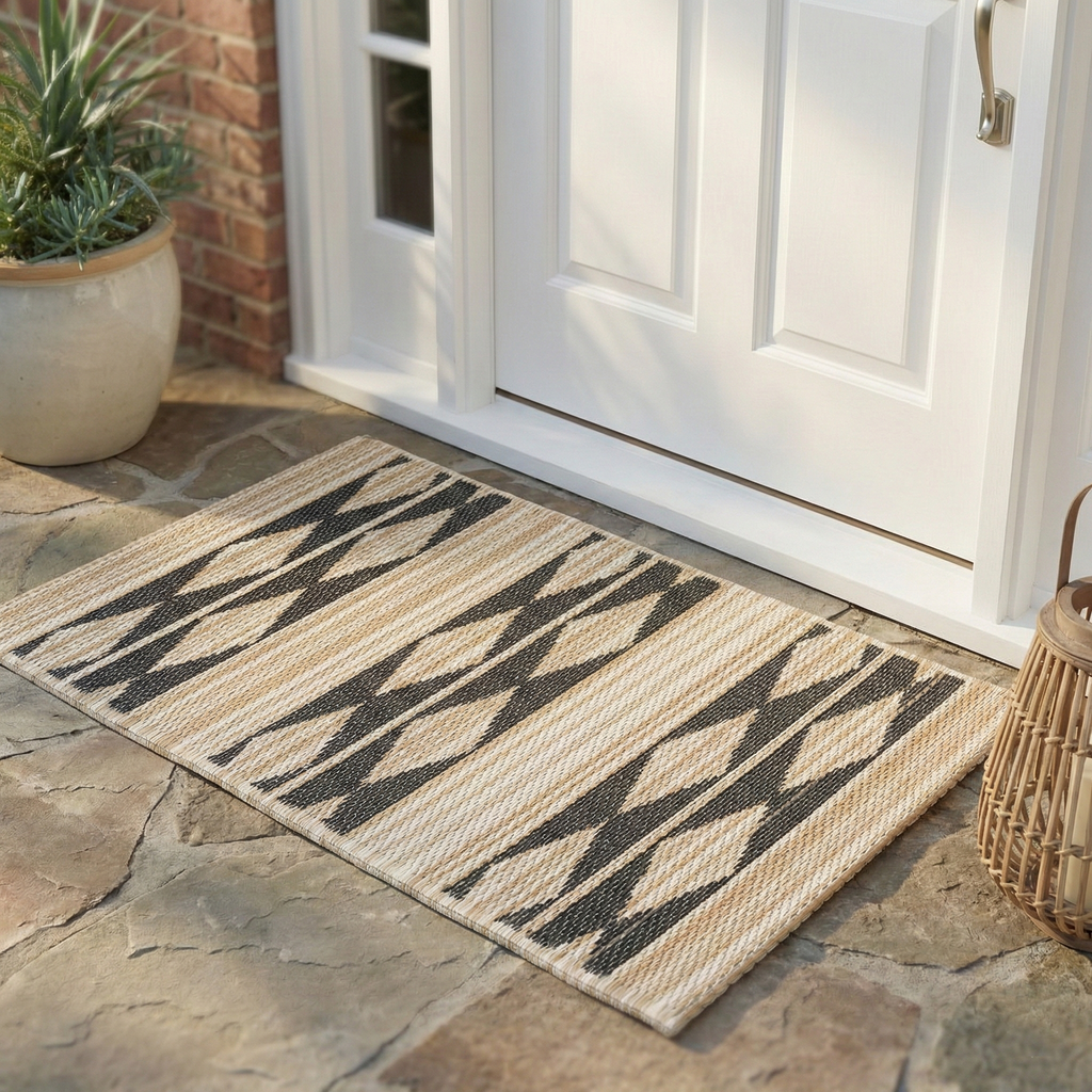 Cairo Natural & Black Outdoor Doormat - 24" x 36" Non-Slip, Recycled Plastic