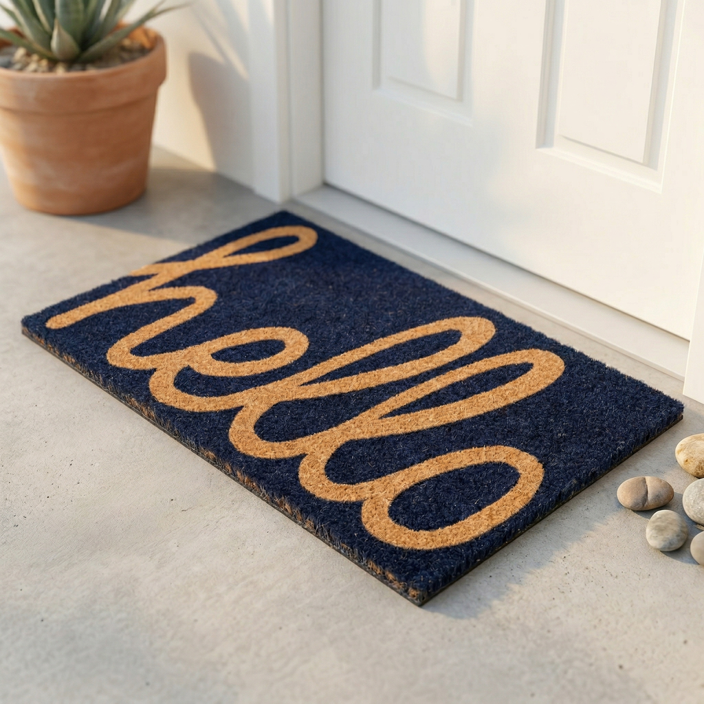 Cursive Hello Dark Blue Coir Doormat