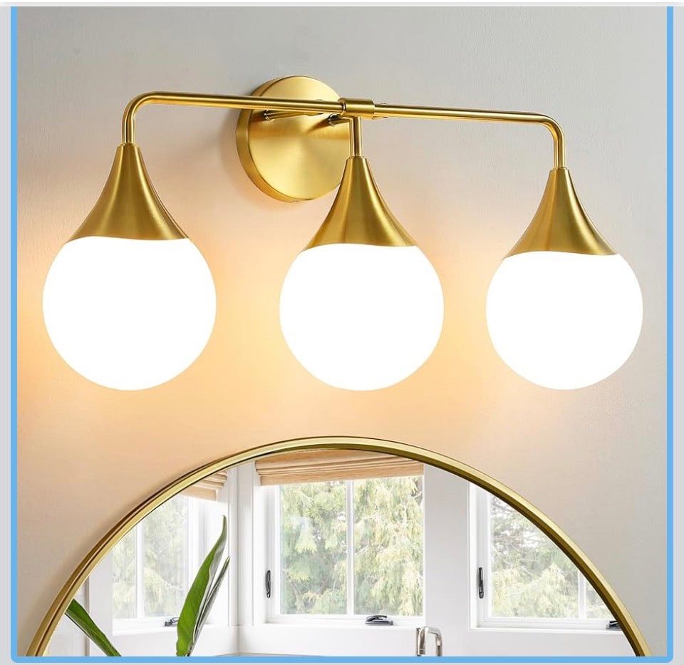 HAHZT Bathroom Vanity Light Fixtures: 3-Light Mid Century Modern Bathroom Lighting Fixtures Over Mirror - Brass Gold Wall Sconce with Milky White Globe Glass for Bath Living Room