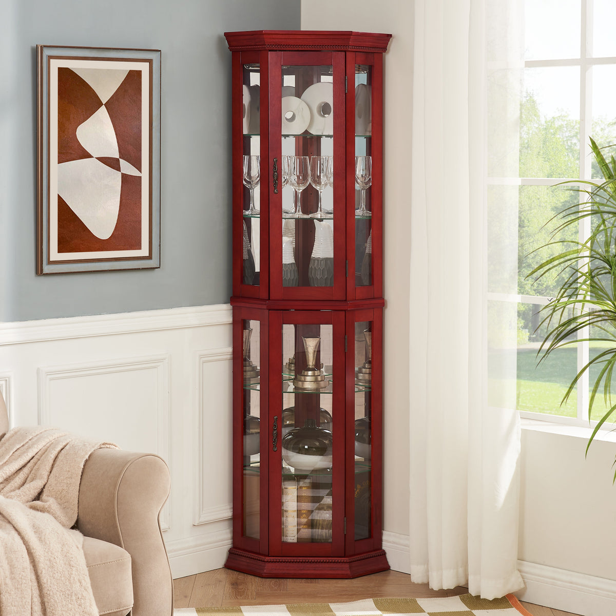 Corner Curio cabinet with illuminated glass display stand and tempered glass door, with adjustable bracket and light bulb