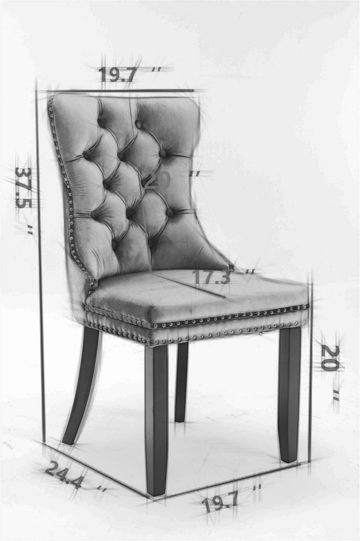 High end tufted solid wood velvet soft cushion dining chair chrome plated leg nail decoration gray and chrome two-piece set