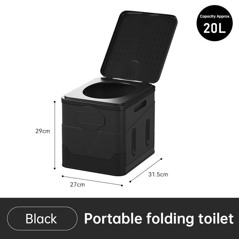 Portable folding camping toilet: adult/child use, self-contained, with lid and seat.