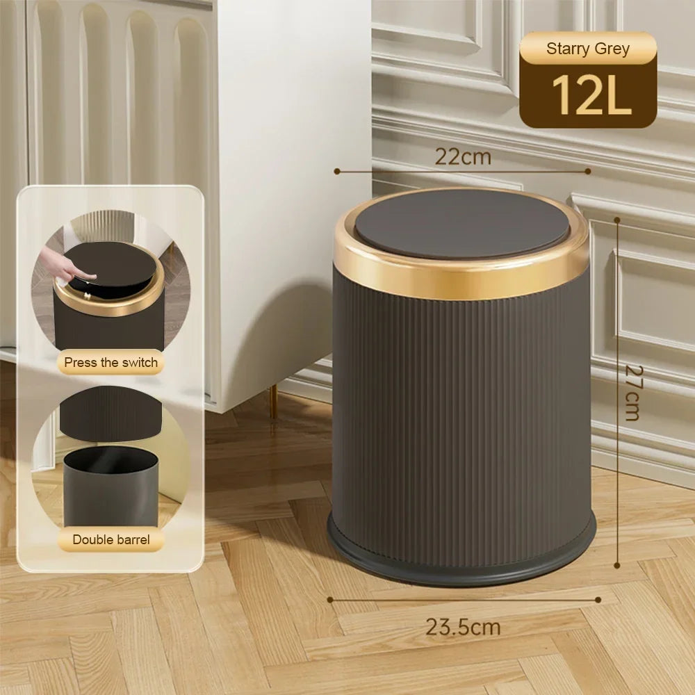 Light Luxury Wastbasket Press Trash Can with Lid for Office Living Room Bathroom Round Garbage Can with Removable Inner Bucket