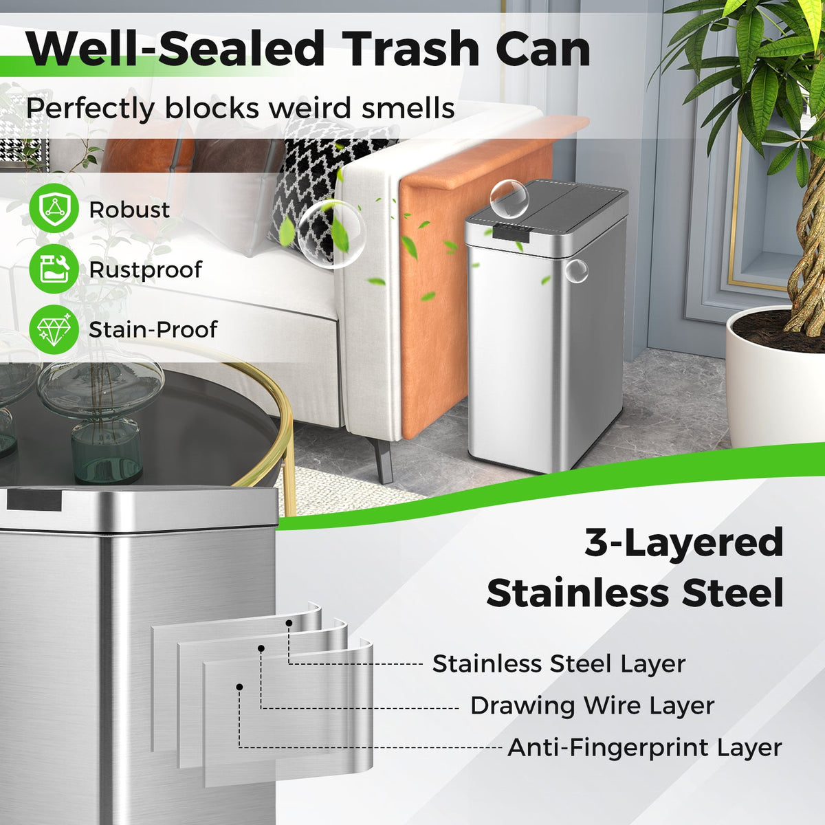 13.2 Gal Slim Kitchen Trash Can with Wing Lids and Stainless Steel Frame