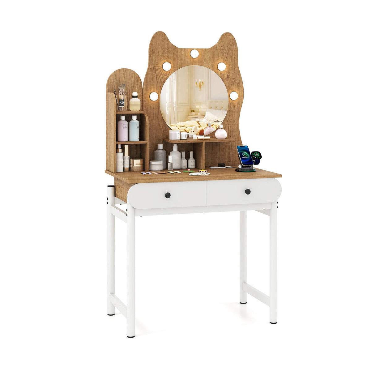 Small Vanity Desk with Mirror and Lights Cute Kitty Makeup Table with Power Outlets-Natural