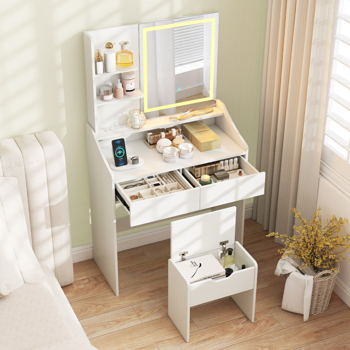 Vanity Desk LED Lighted Makeup Table with 3 Color Modes-White