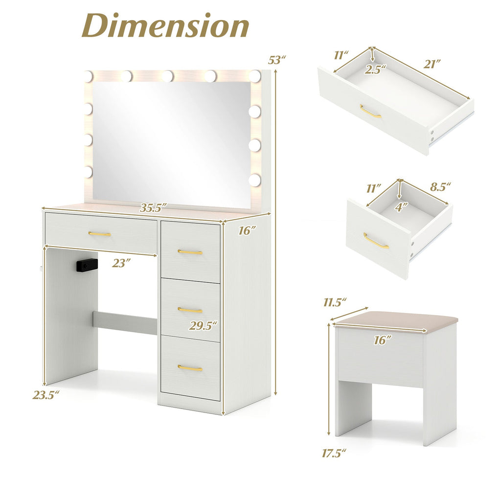Vanity Desk with Mirror and Lights Makeup Dressing Table with Power Outlets-White