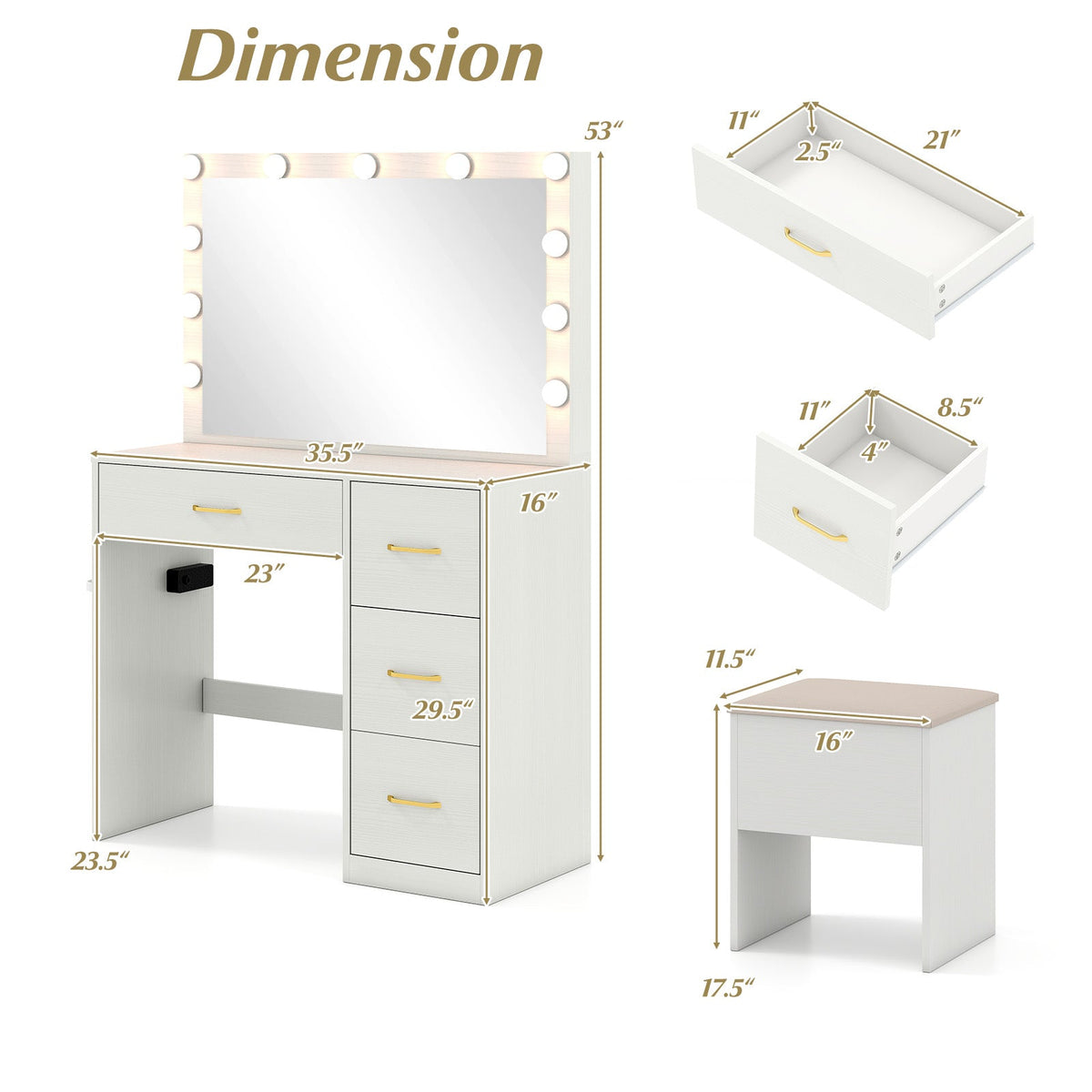 Vanity Desk with Mirror and Lights Makeup Dressing Table with Power Outlets-White