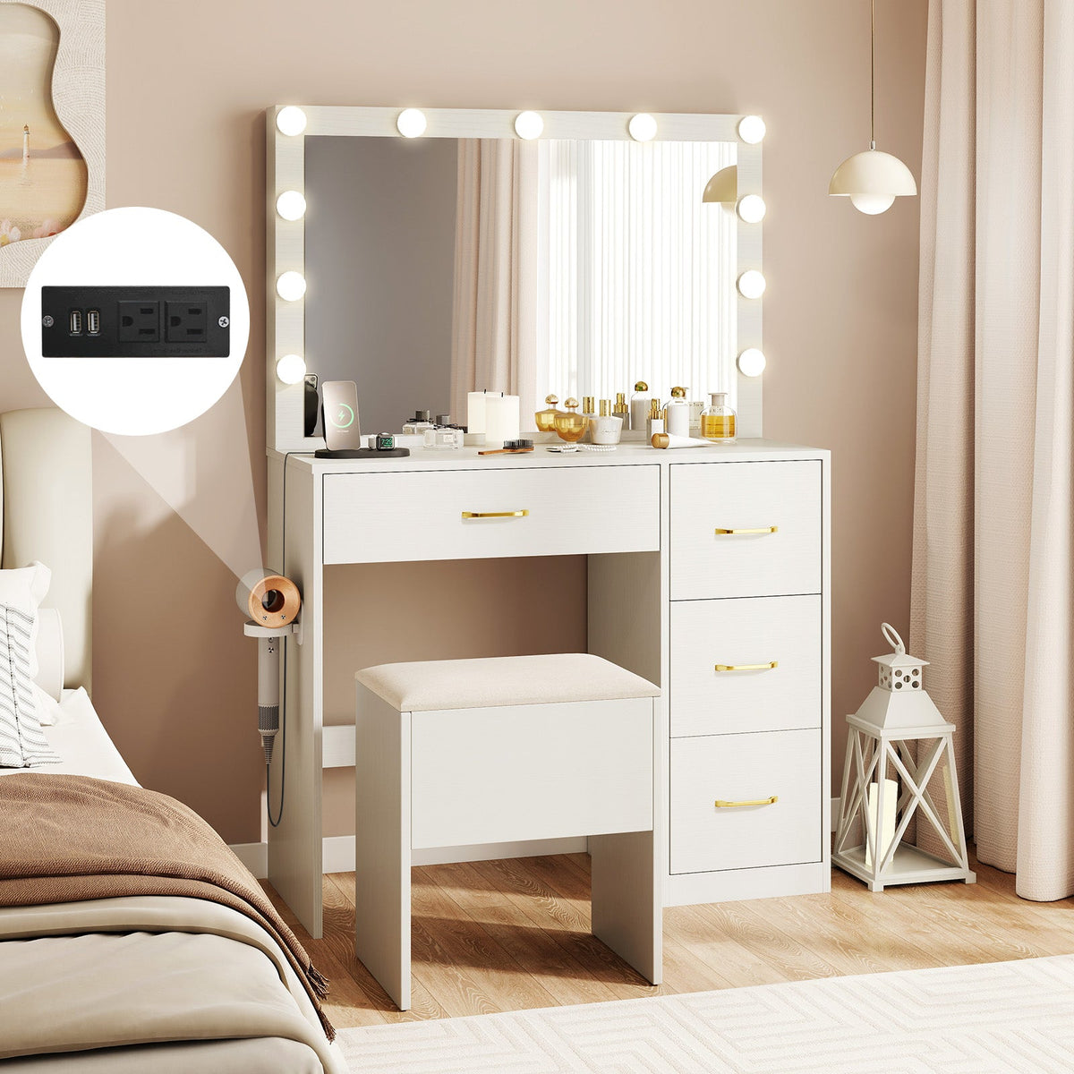 Vanity Desk with Mirror and Lights Makeup Dressing Table with Power Outlets-White