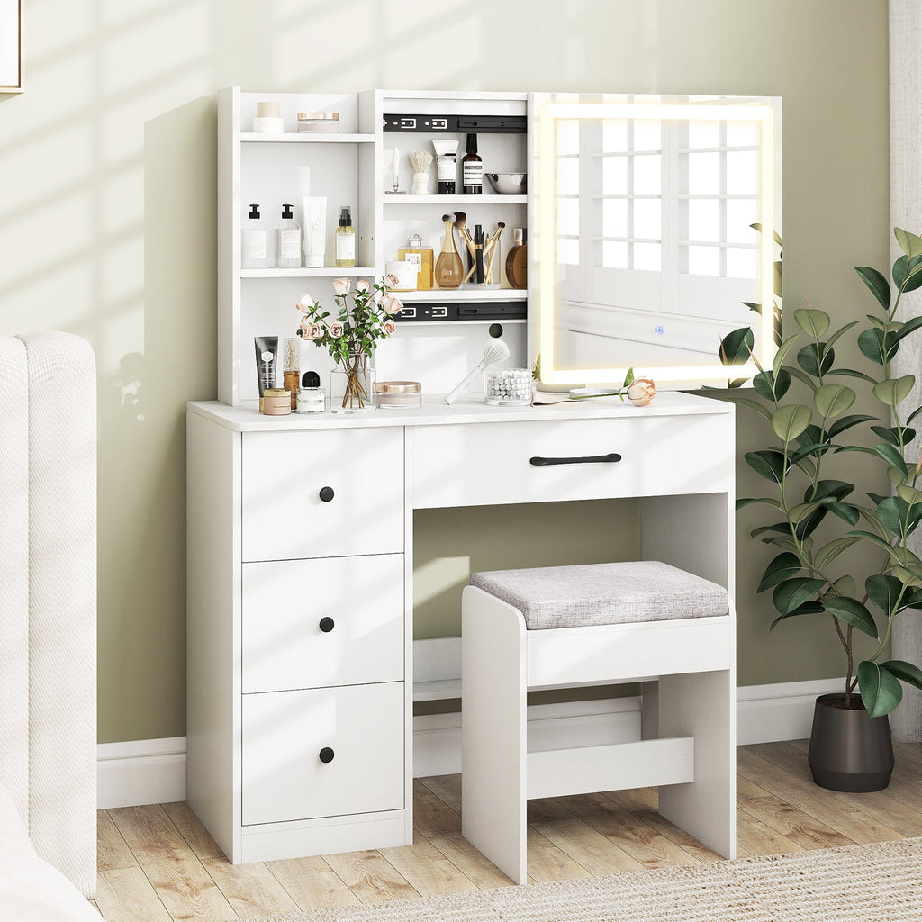 Vanity Desk with Sliding Mirror and Lights Makeup Table and Chair Set with 4 Drawers-White