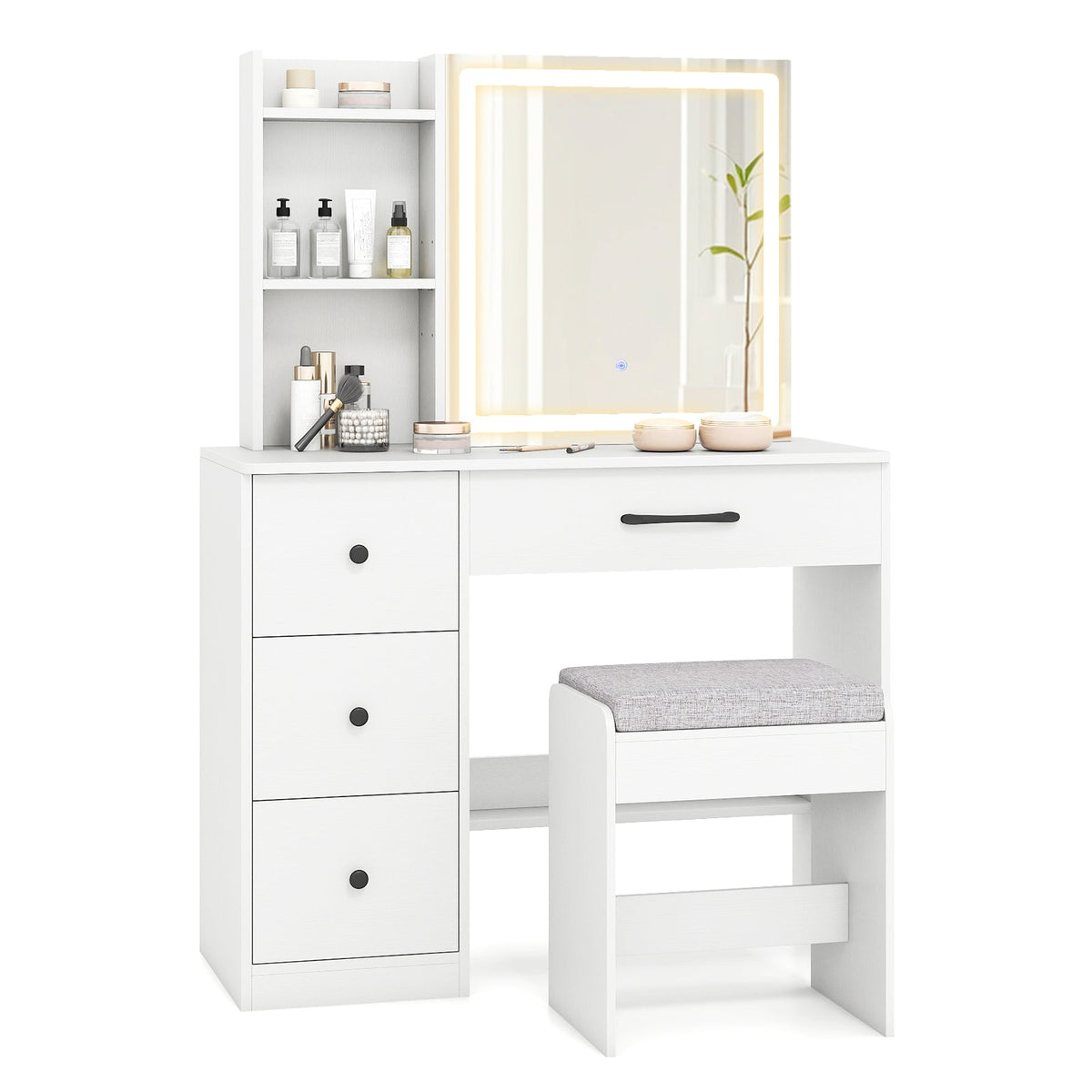 Vanity Desk with Sliding Mirror and Lights Makeup Table and Chair Set with 4 Drawers-White