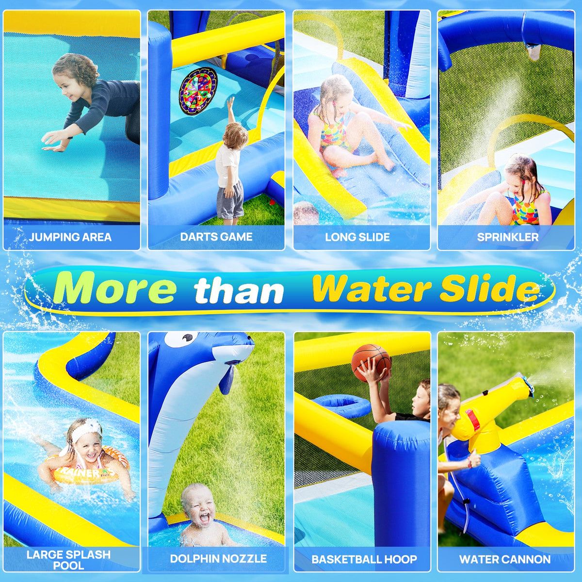 8 in1 Inflatable slide water park trampoline bouncing house outdoor garden with  Dolphin sprinkler & Target games & Water gun & Basketball