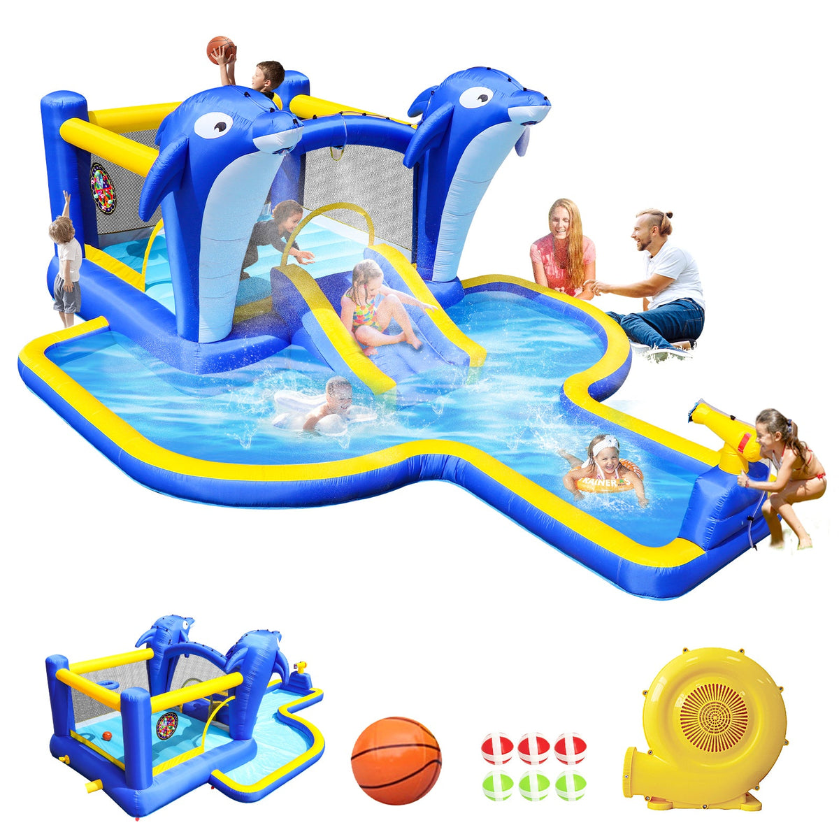 8 in1 Inflatable slide water park trampoline bouncing house outdoor garden with  Dolphin sprinkler & Target games & Water gun & Basketball