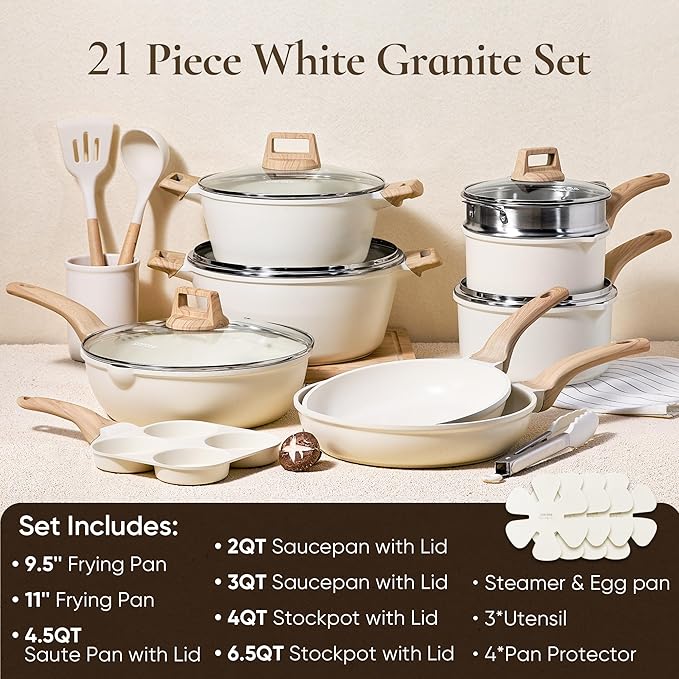CAROTE 21Pcs Pots and Pans Set, Nonstick Cookware Sets, White Granite Induction Cookware Non Stick Cooking Set w/Frying Pans & Saucepans(PFOS, PFOA Free)