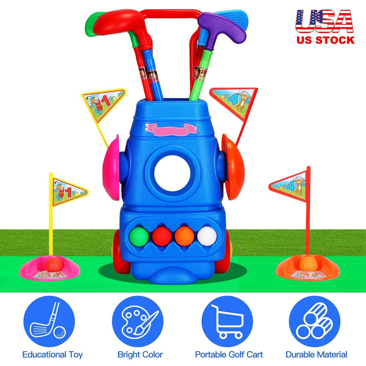 Toddler Golf Set with 4 Balls 4 Clubs 2 Holes 2 Flags Golf Cart Indoor Outdoor Golf Game Gift For 3-5 Years Old Kids
