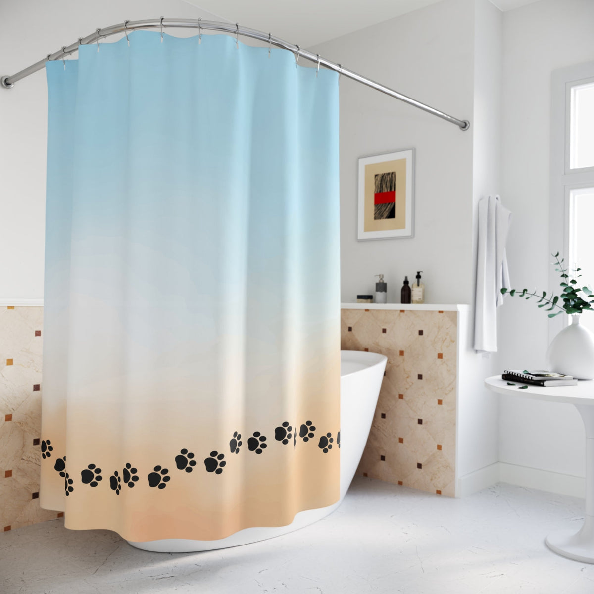 Beach Vibe Shower Curtain with Paw Prints