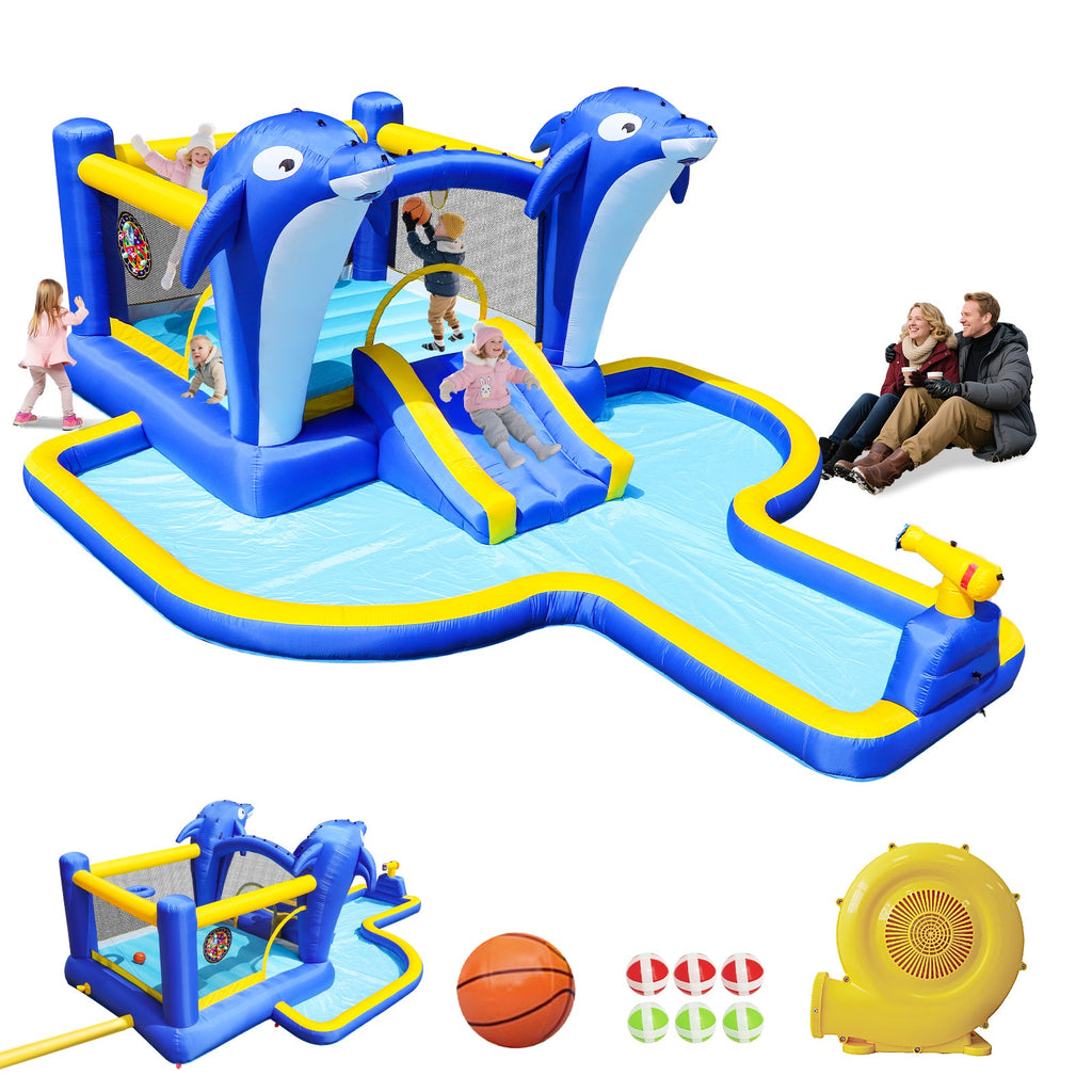 8 in1 Inflatable slide water park trampoline bouncing house outdoor garden with  Dolphin sprinkler & Target games & Water gun & Basketball