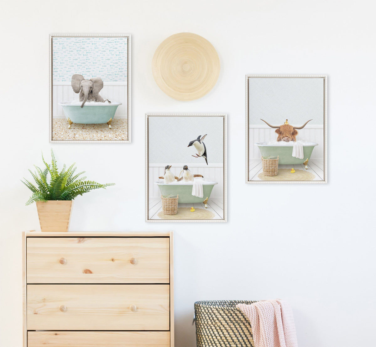 Sylvie Beaded Penguins in Cottage Bath Framed Canvas by Amy Peterson