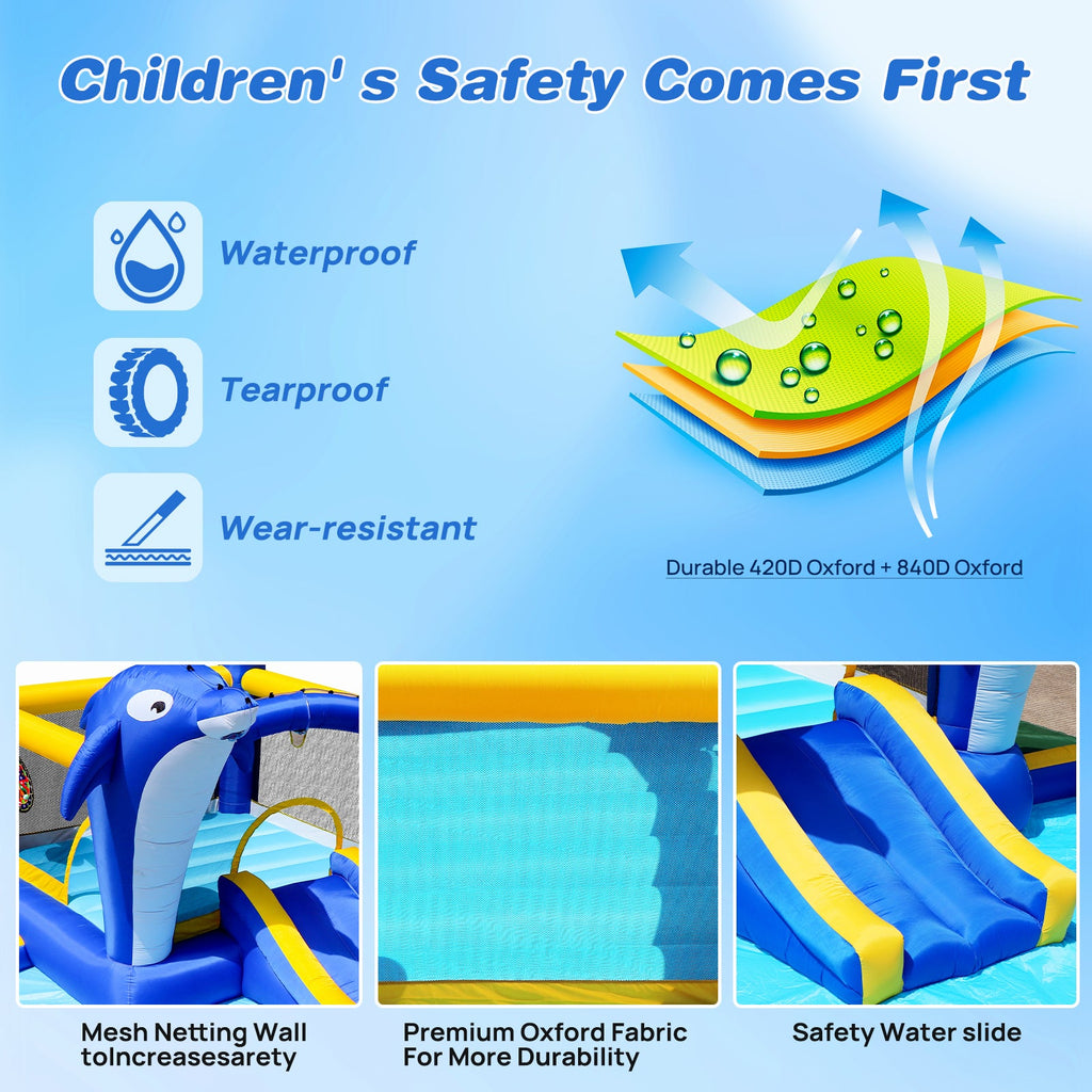 8 in1 Inflatable slide water park trampoline bouncing house outdoor garden with  Dolphin sprinkler & Target games & Water gun & Basketball