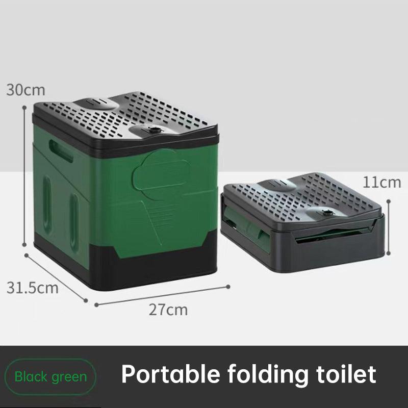 Portable folding camping toilet: adult/child use, self-contained, with lid and seat.