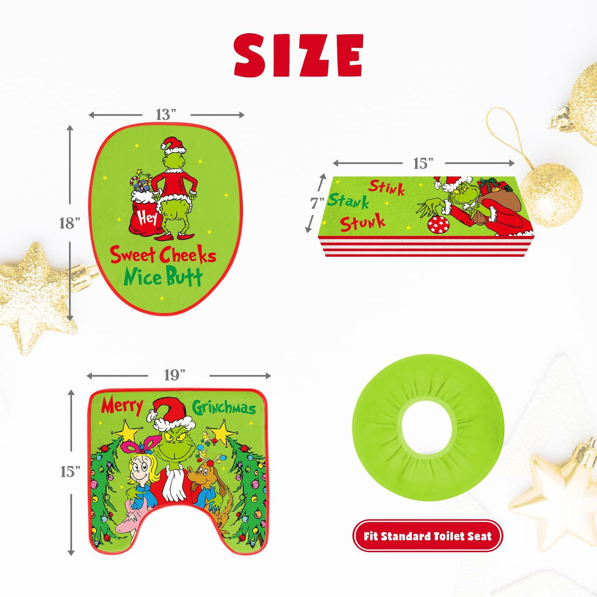 Funny Christmas Toilet Seat Cover Set 4pcs White Elephant Bathroom Decor