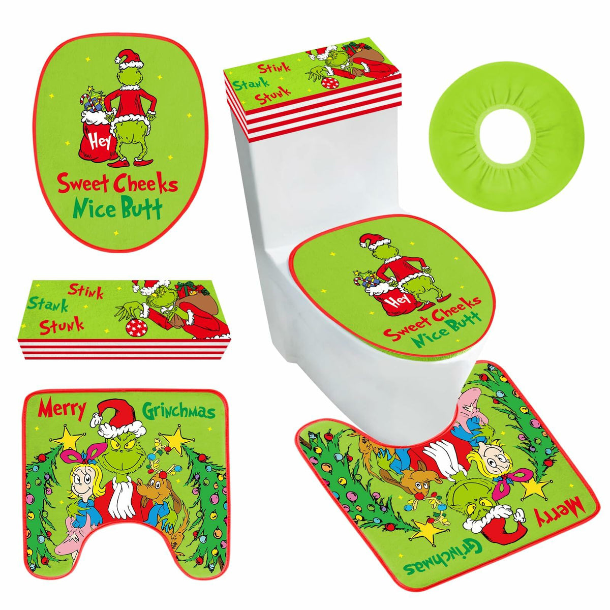 Funny Christmas Toilet Seat Cover Set 4pcs White Elephant Bathroom Decor