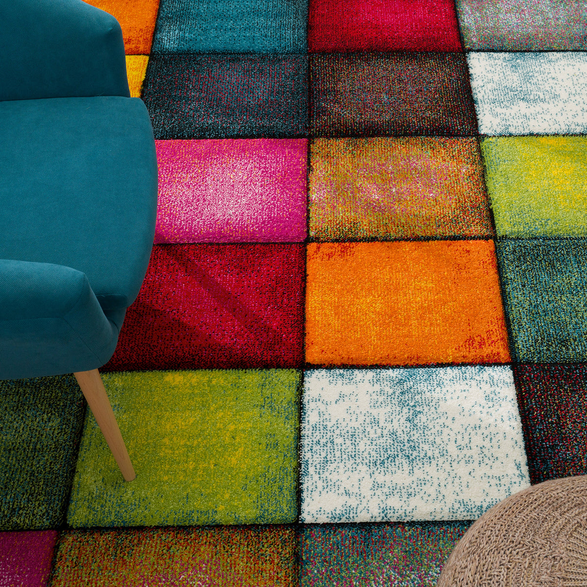 Colorful Area Rug Smaragd With Geometric Squares - Multicolor