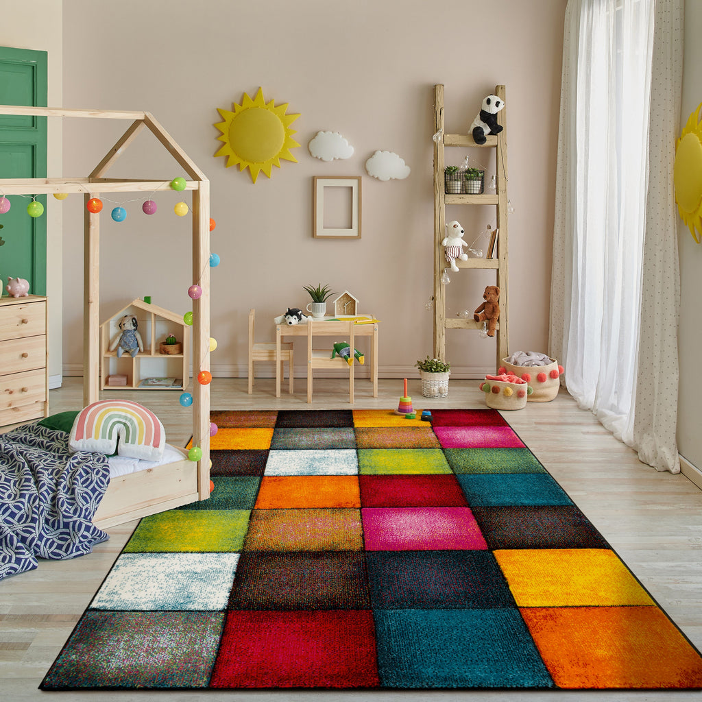 Colorful Area Rug Smaragd With Geometric Squares - Multicolor