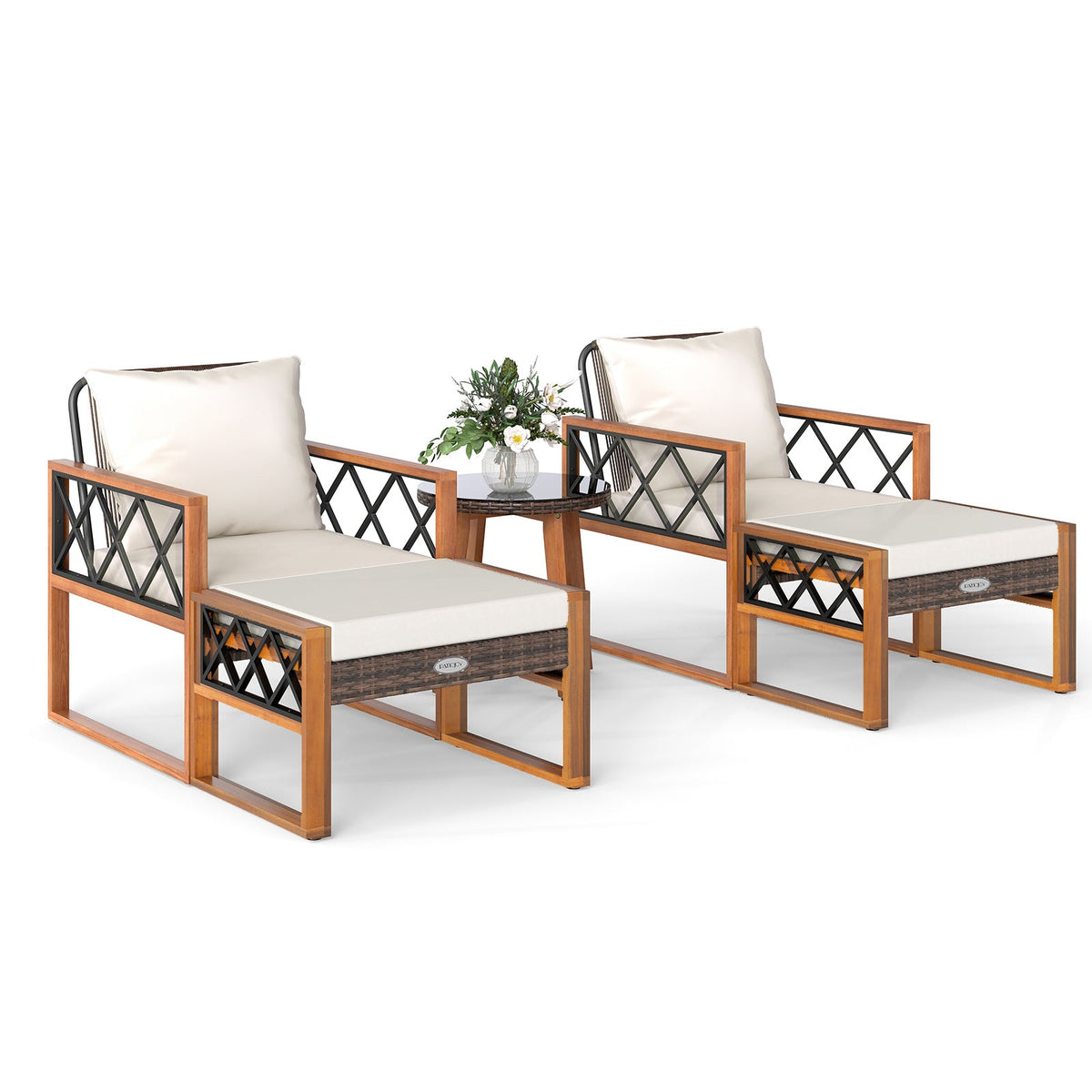 5 Pieces Patio Furniture Set PE Rattan Outdoor Conversation Set with Acacia Wood