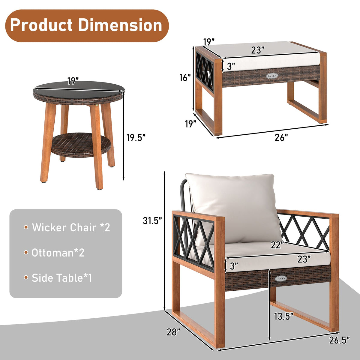 5 Pieces Patio Furniture Set PE Rattan Outdoor Conversation Set with Acacia Wood