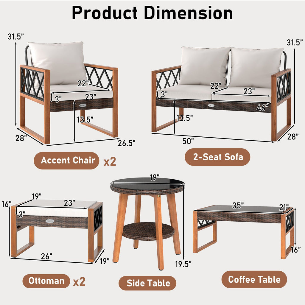 7 Pieces Patio Furniture Set PE Wicker Acacia Wood Outdoor Conversation Set